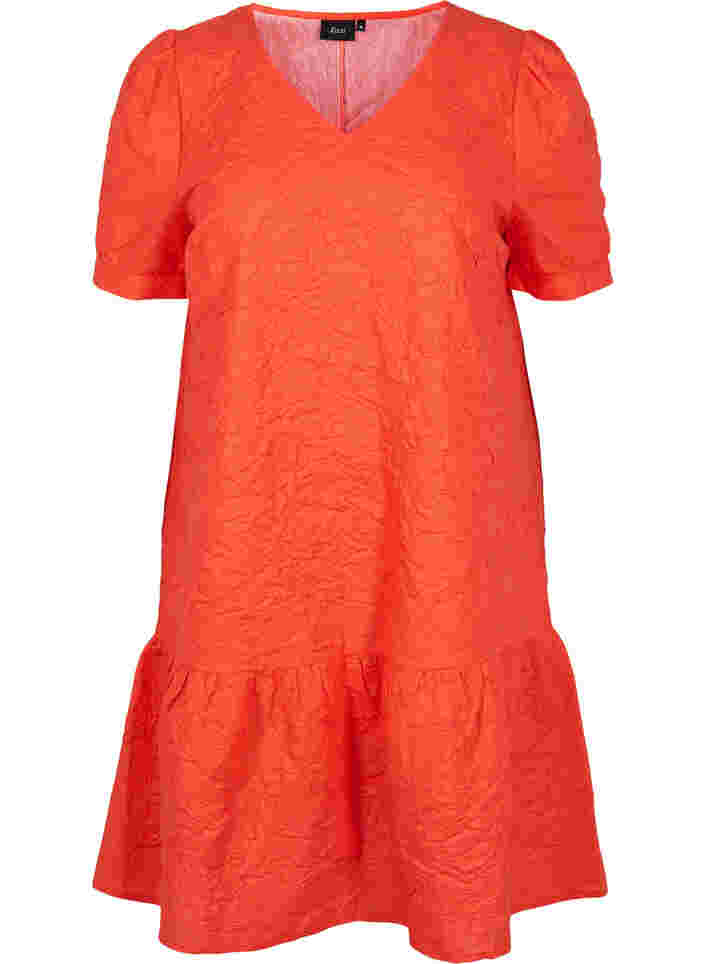 Struktureret kjole med korte pufærmer, Mandarin Red, Packshot image number 0