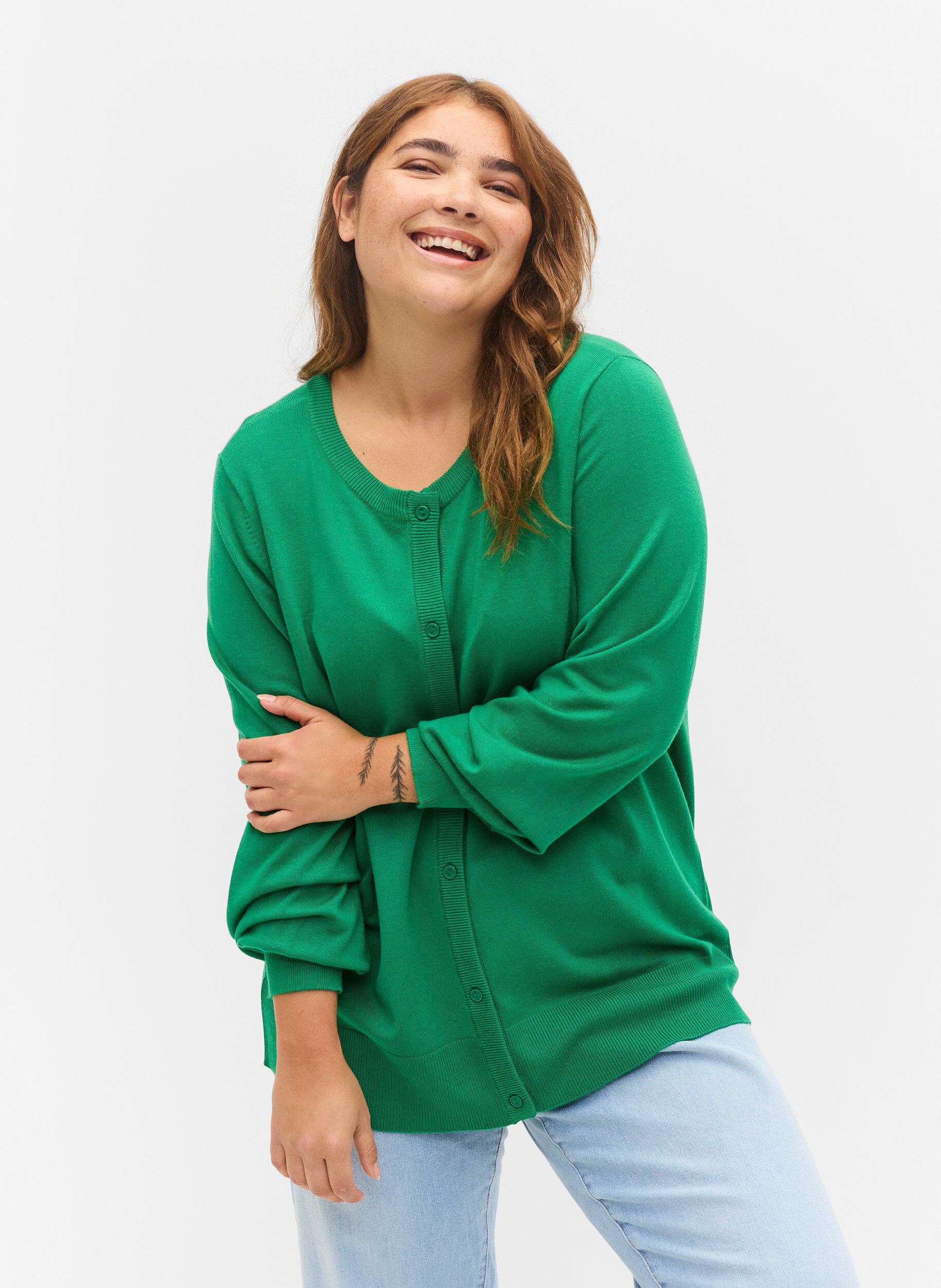 Zizzi Strikket cardigan med knapper i viskosemix, Jolly Green, Model image number 0