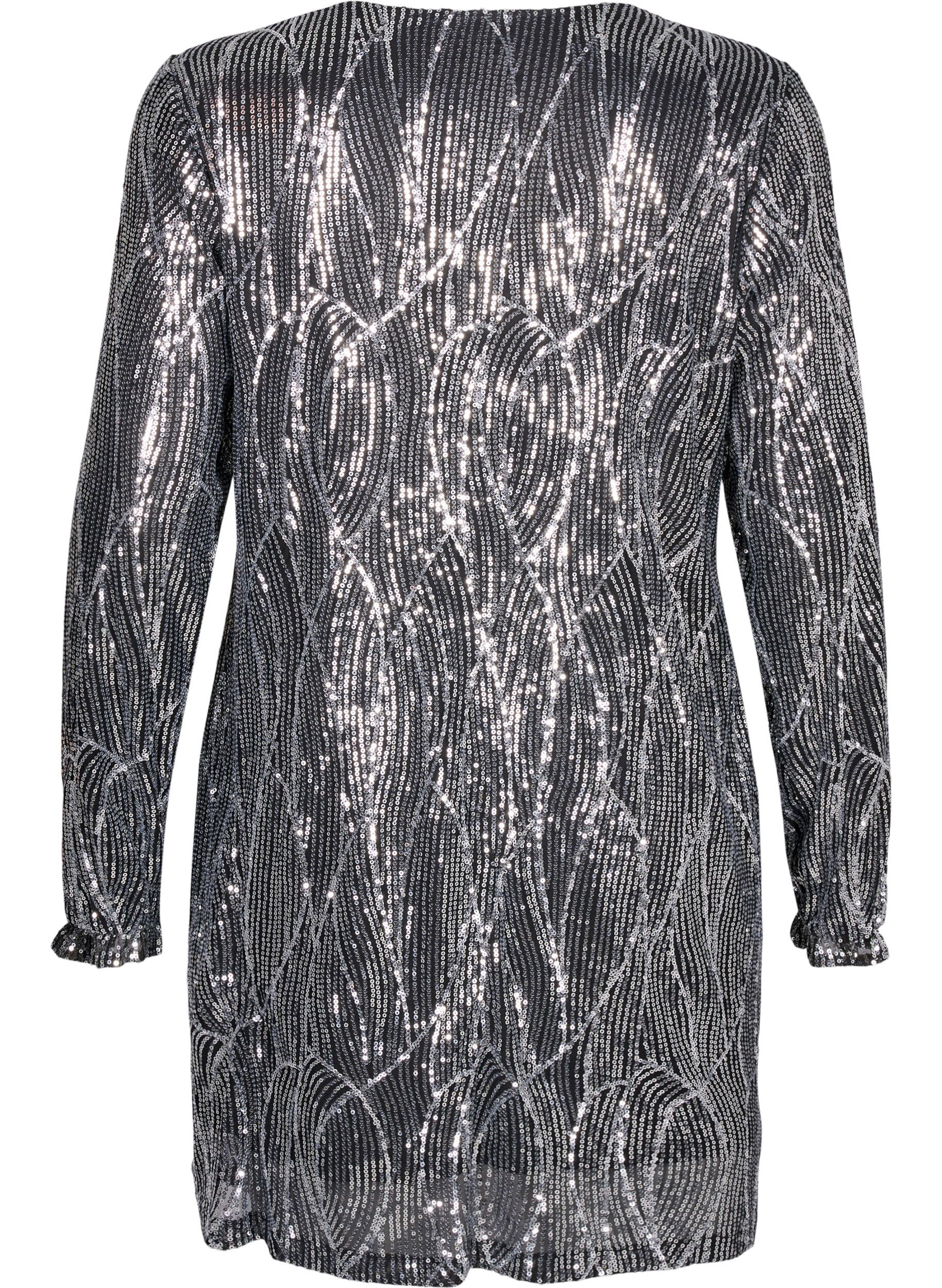 Zizzi Lang&aelig;rmet pailletkjole med m&oslash;nster, Silver Sequins, Packshot image number 1