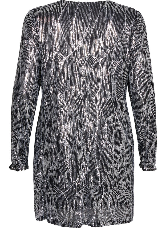 Langærmet pailletkjole med mønster, Silver Sequins, Packshot image number 1