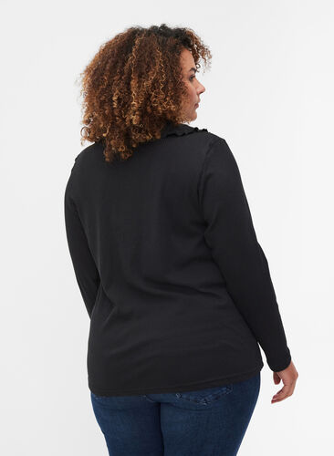 Langærmet bluse i rib med flæsekrave, Black, Model image number 1