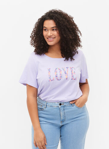Bomulds t-shirt med rund hals og tryk, Lavender W. Love, Model image number 0