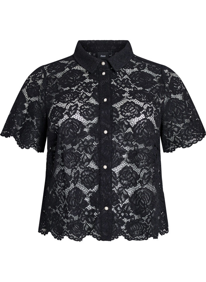 Skjortebluse i blonde med perleknapper, Sort, Packshot image number 0