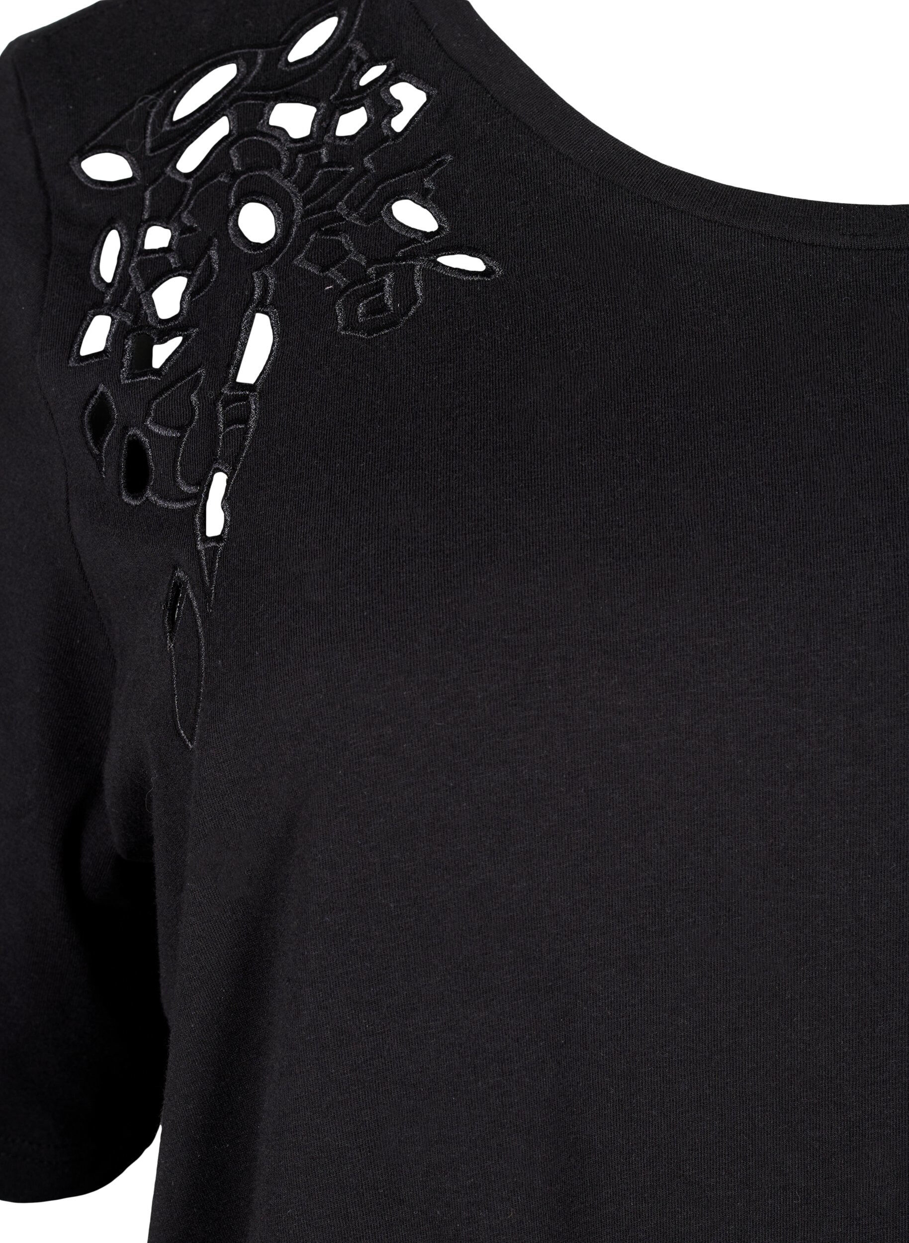 Zizzi T-shirt i &oslash;kologisk bomuld med broderidetaljer, Black, Packshot image number 2