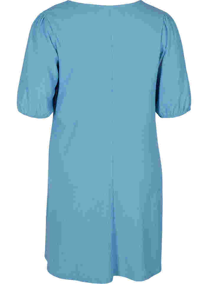 Kjole med pufærmer og v-hals, Azure Blue, Packshot image number 1