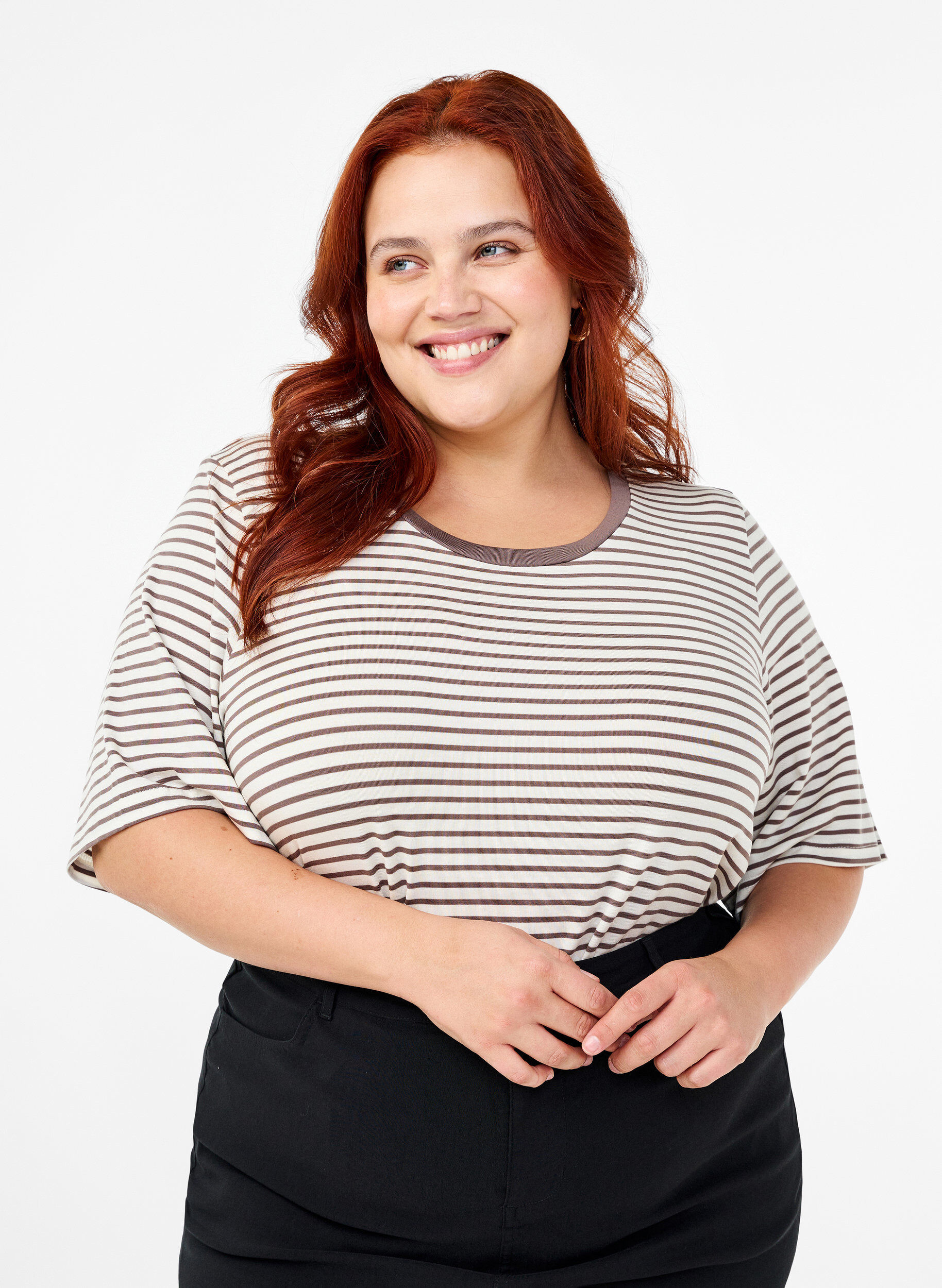 Zizzi Stribet t-shirt i lyocell med rund hals, Brun, Model image number 0