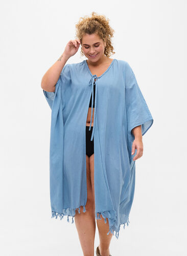 Strand kimono med frynser, Light Blue, Model image number 0