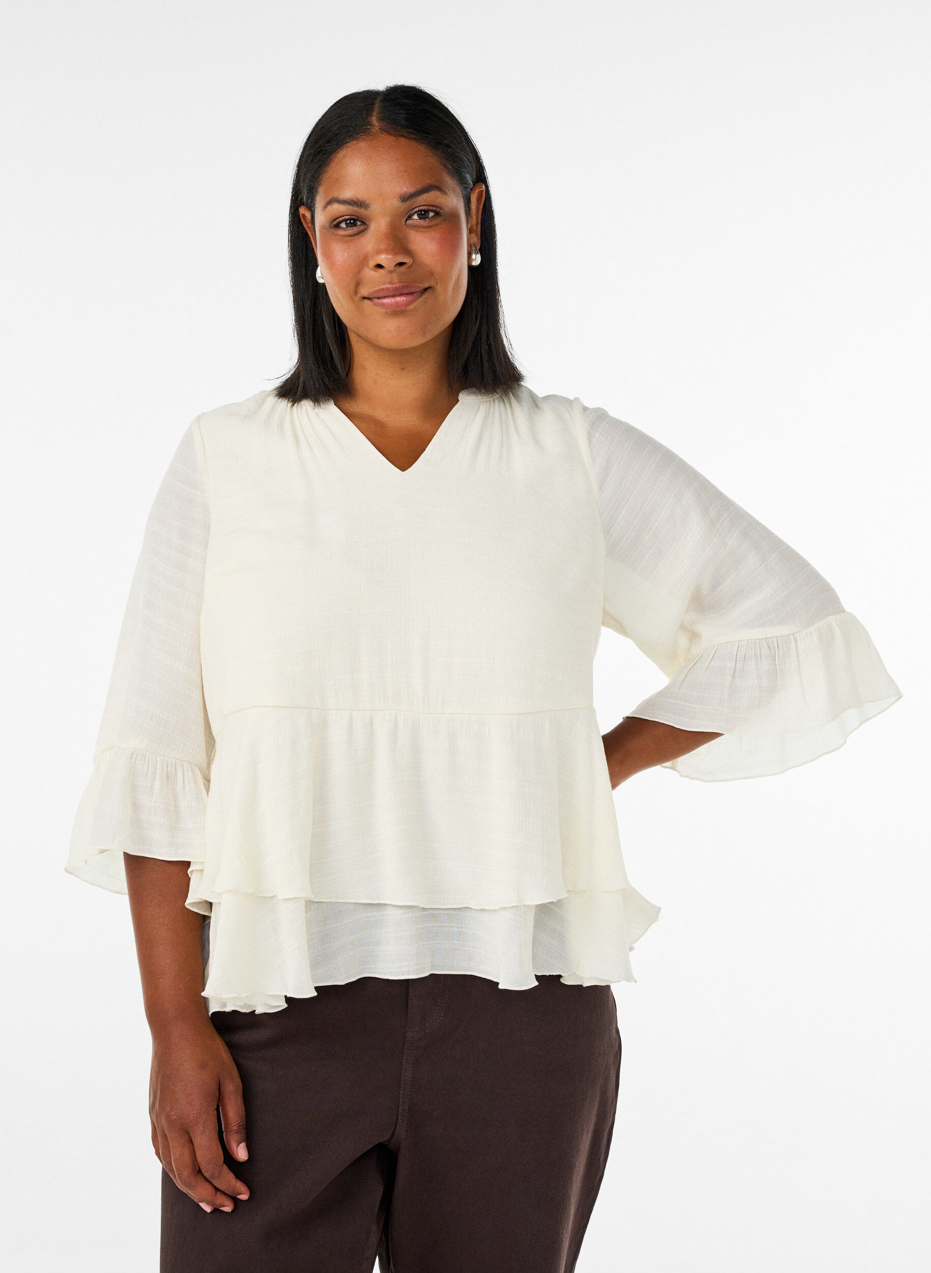 Bluse med 3/4-&aelig;rmer og fl&aelig;sedetaljer, Vanilla, Model