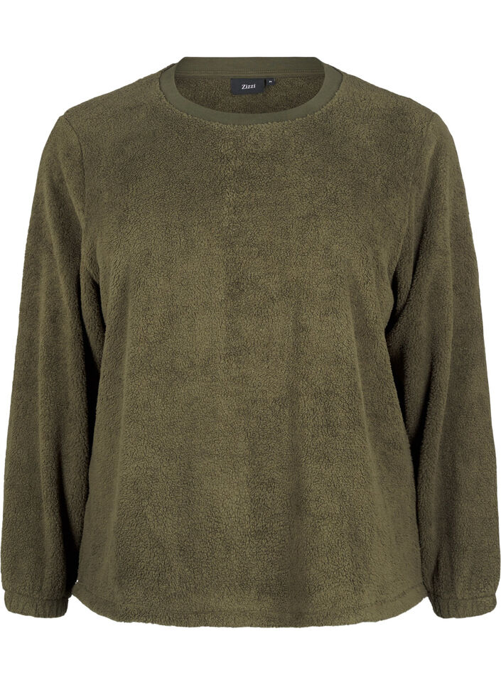 Løs teddy bluse med rund hals, Forest Night, Packshot image number 0