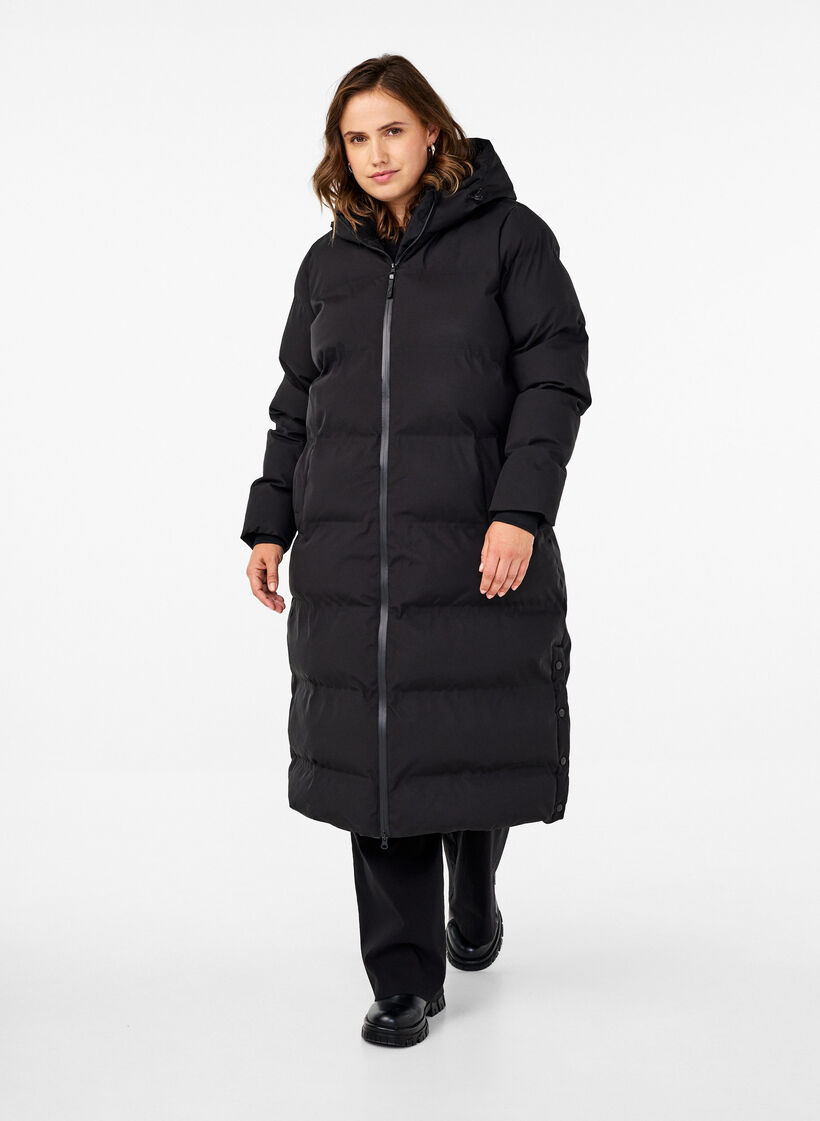 Lang puffer vinterjakke med h&aelig;tte, Sort, Model image number 0