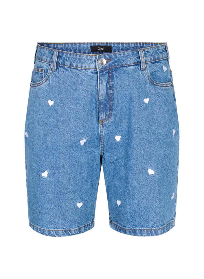 Denimshorts med høj talje og broderede hjerter, Blå, Packshot image number 0
