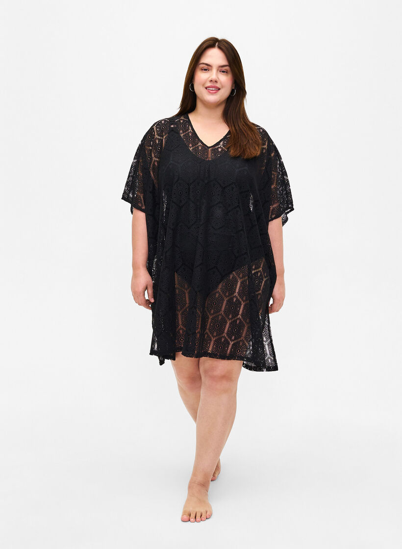 Kaftan strandkjole med hulmønster, Black, Model image number 2