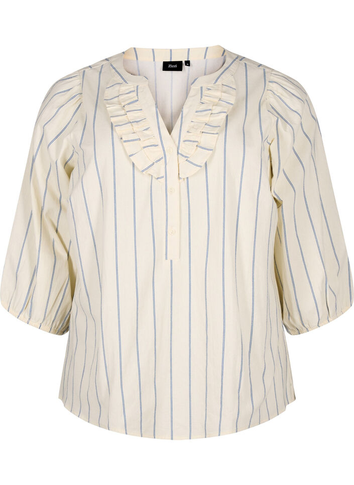 3/4 ærmet bluse i bomuld med striber, Eggnog Stripe, Packshot image number 0