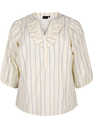 3/4 ærmet bluse i bomuld med print, Eggnog Stripe, Packshot image number 0