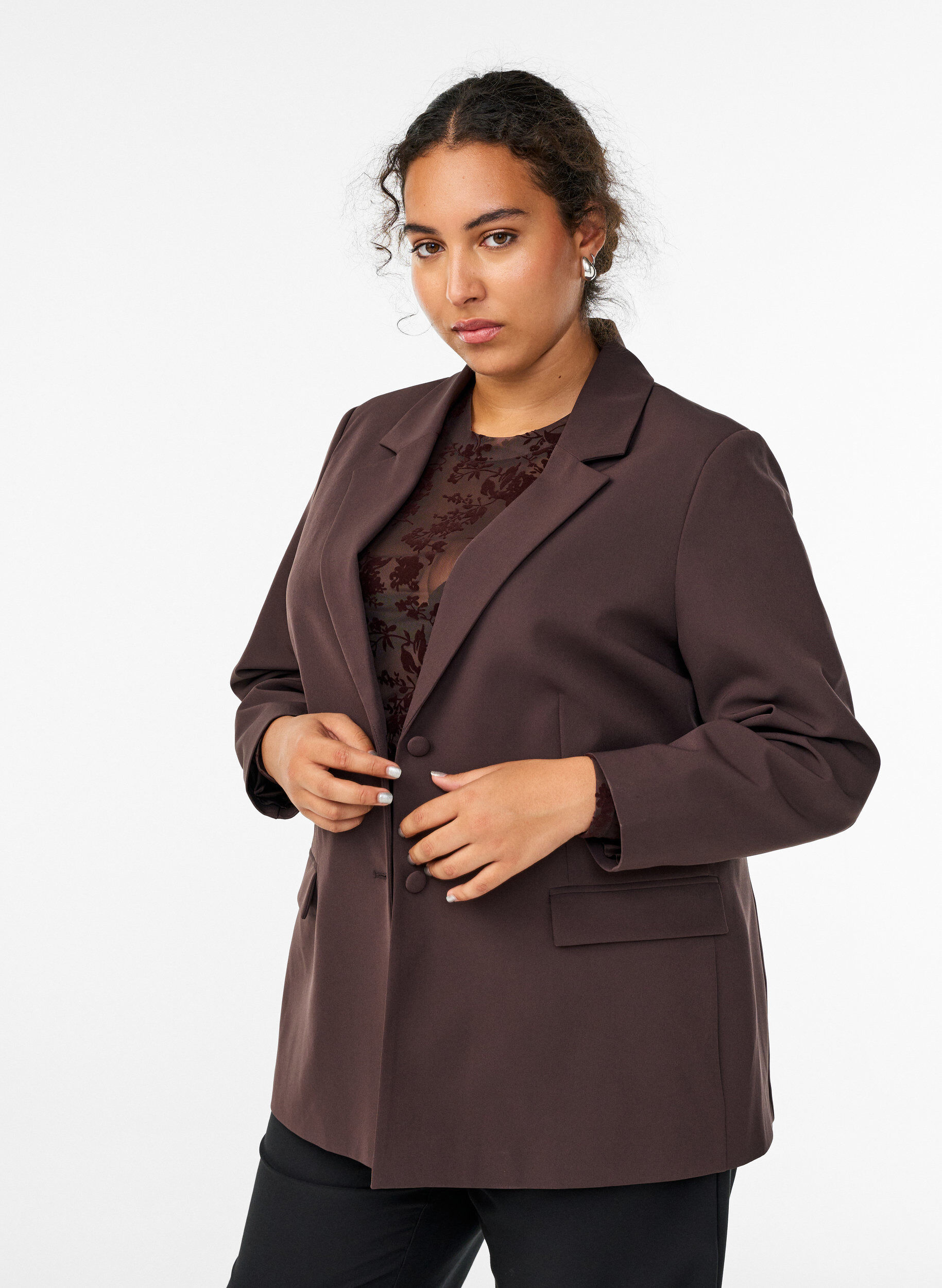 ZizziKlassisk blazer med knaplukning, Brun, Model image number 0