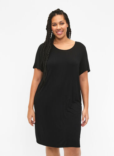 Kortærmet viskose kjole med rygdetalje, Black, Model image number 0