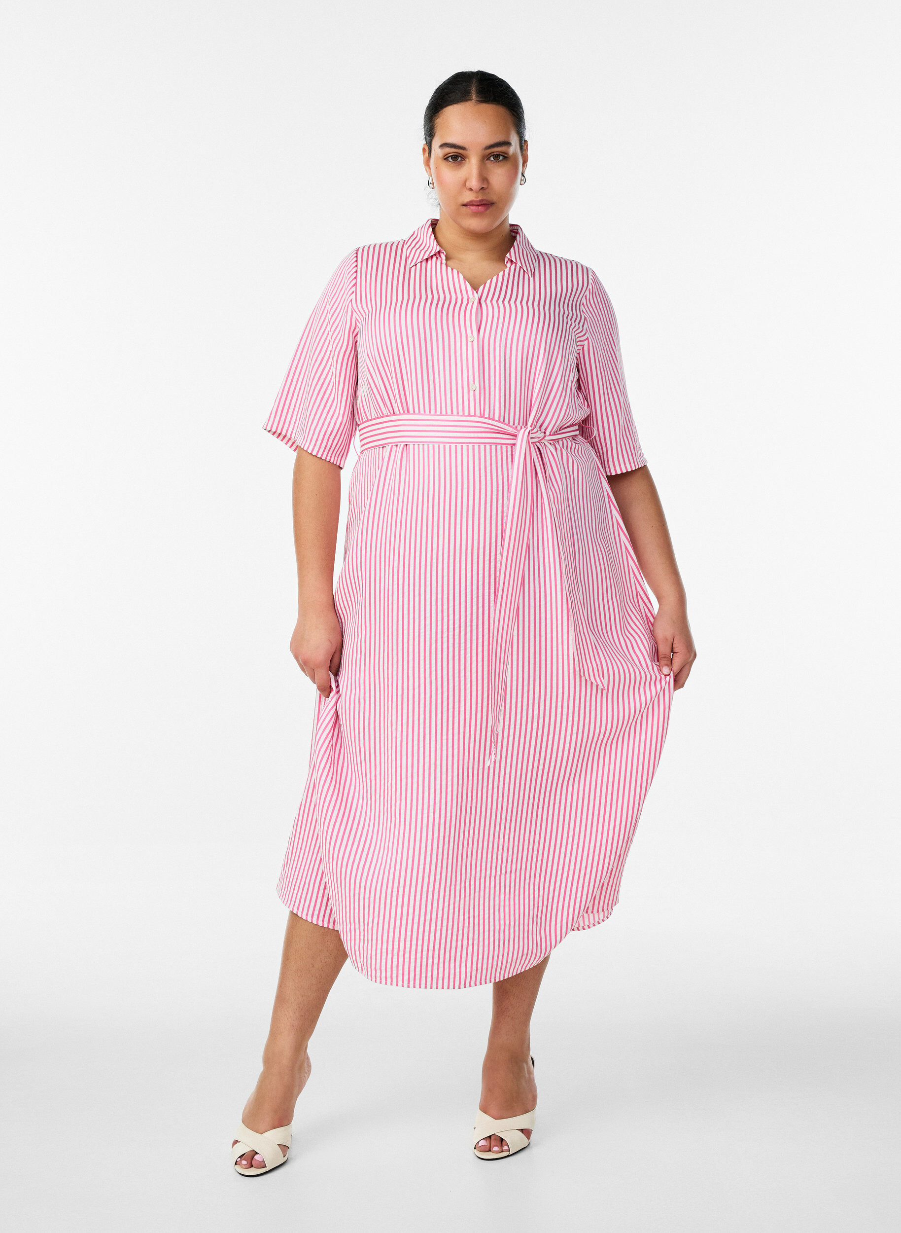 ZizziAnkellang skjortekjole med bindeb&aring;nd og striber, Lyser&oslash;d, Model image number 0