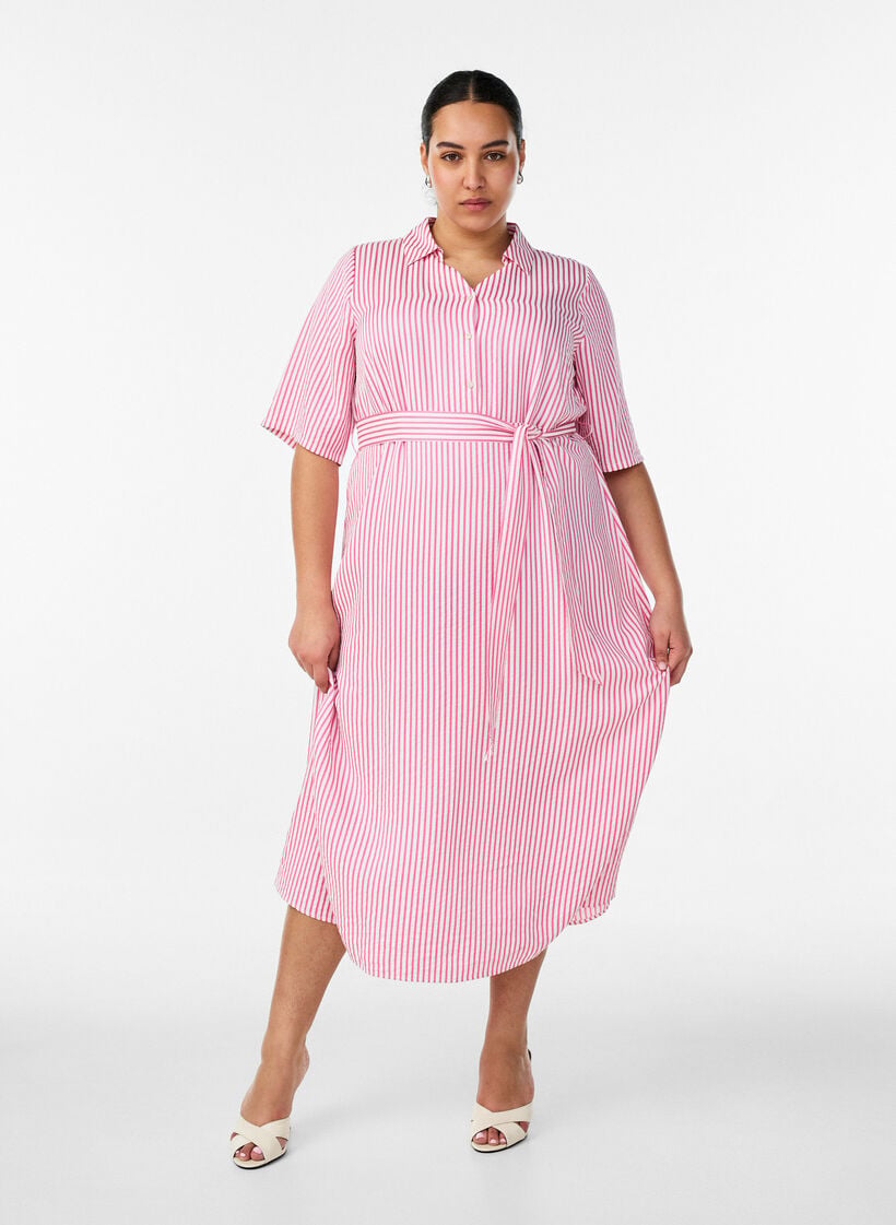 Ankellang skjortekjole med bindeb&aring;nd og striber, Lyser&oslash;d, Model image number 0
