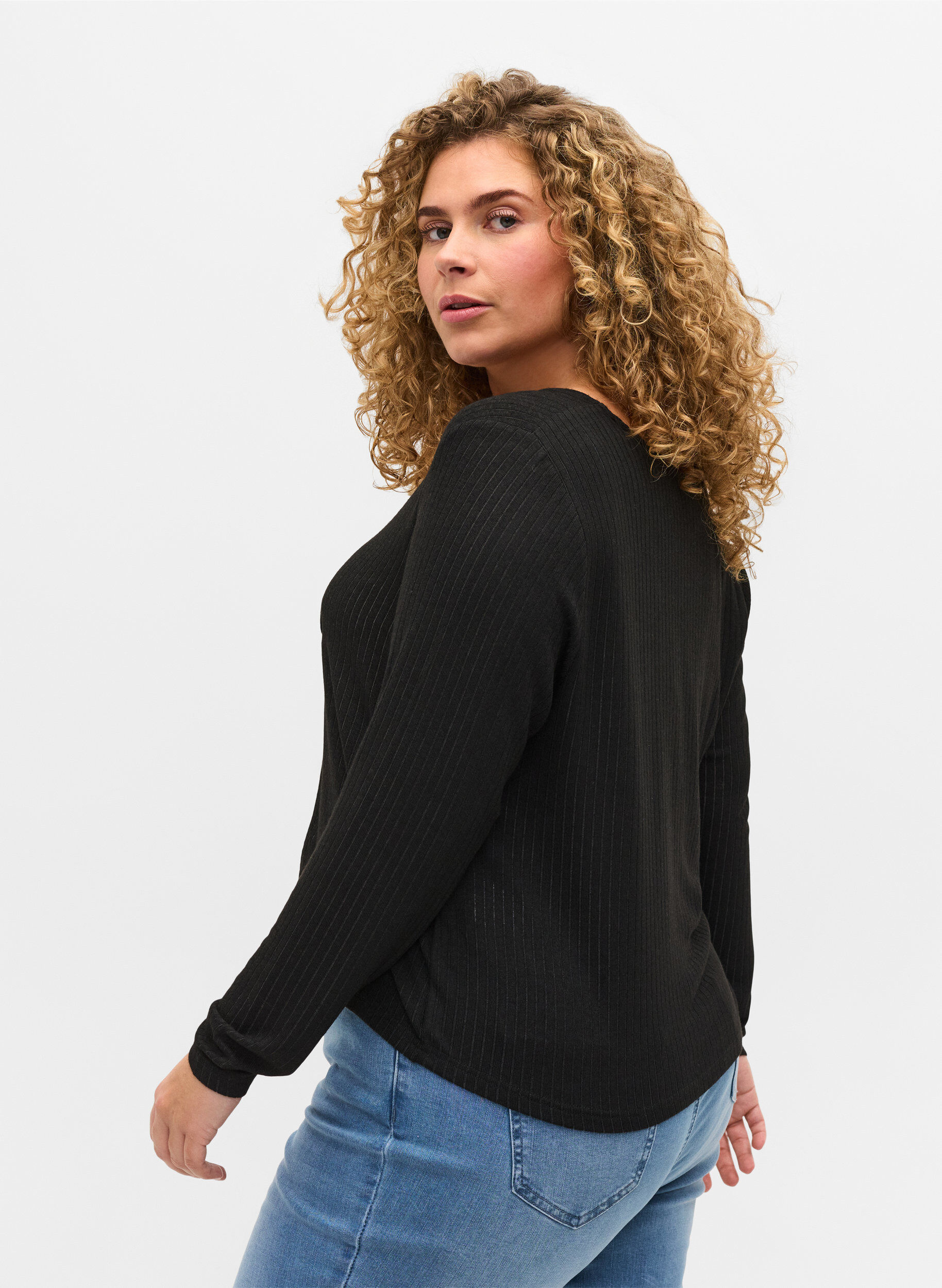 Zizzi Ribbet cardigan med bindesn&oslash;re, Black, Model image number 1