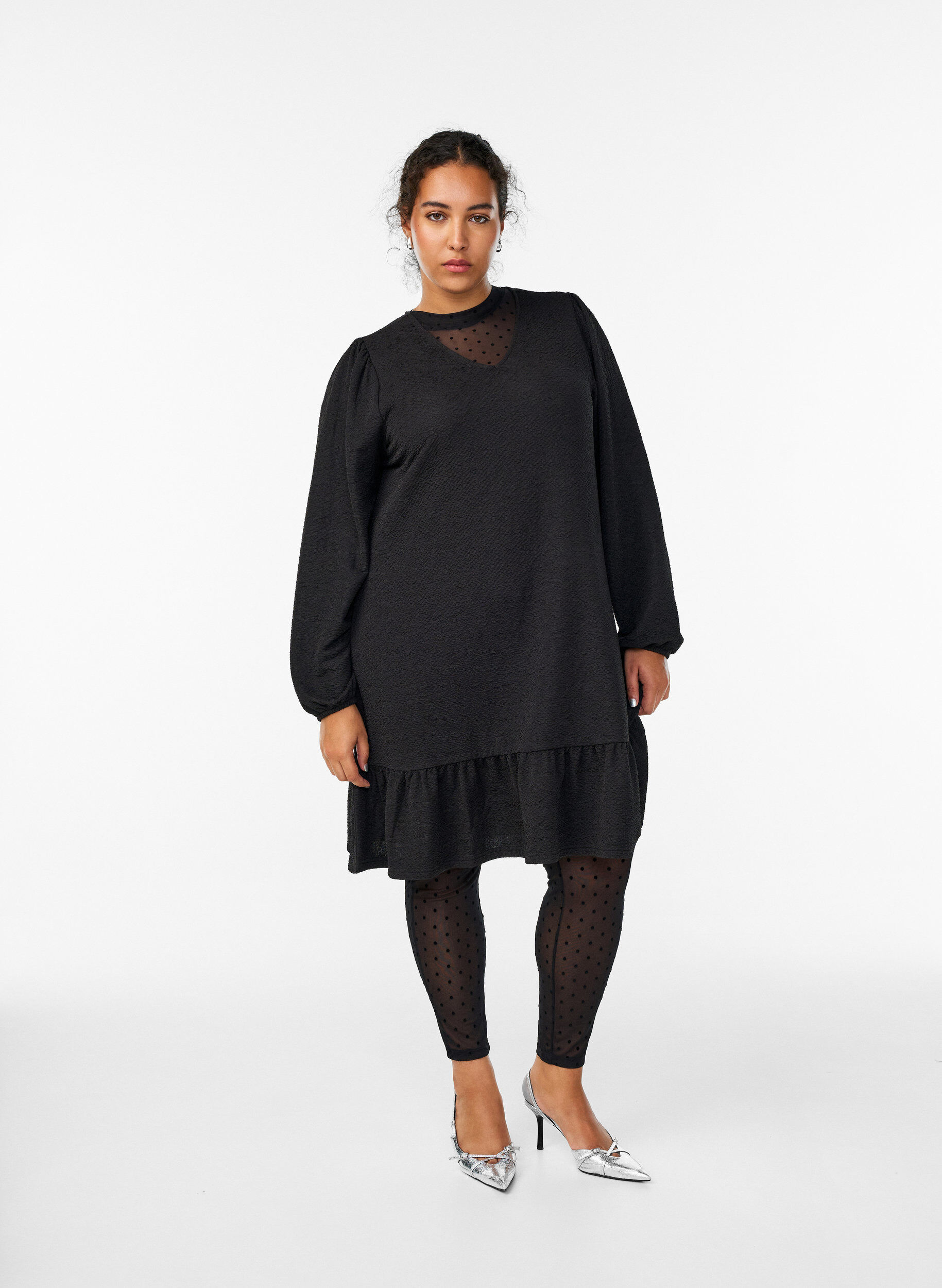 Mesh leggings med velourprikker, Sort, Model