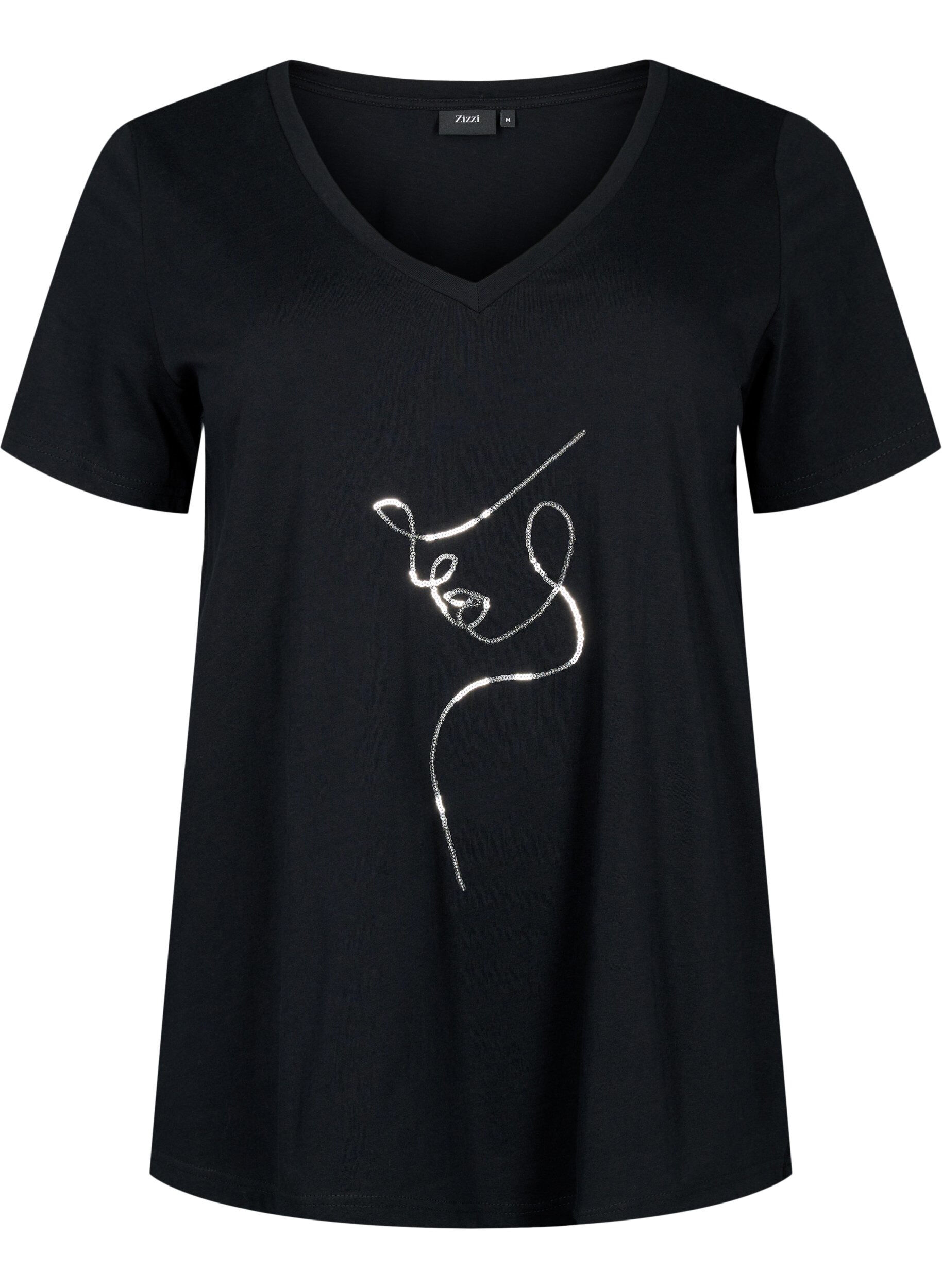 Zizzi Bomulds t-shirt med pailletter, Black W. Face, Packshot image number 0