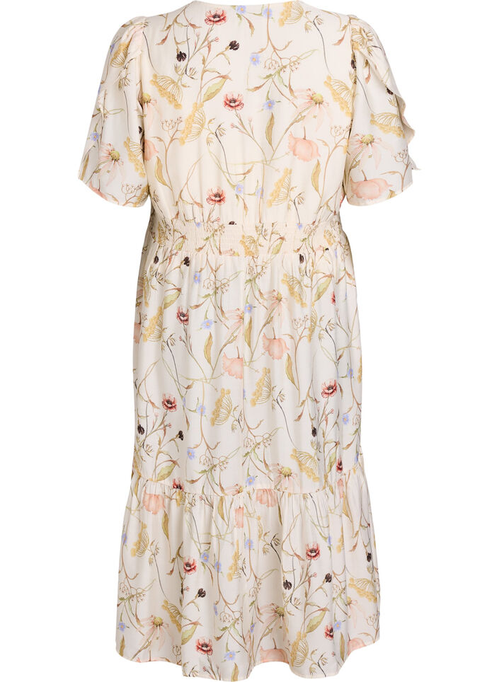 Blomstret midikjole med A-facon, Beige, Packshot image number 1