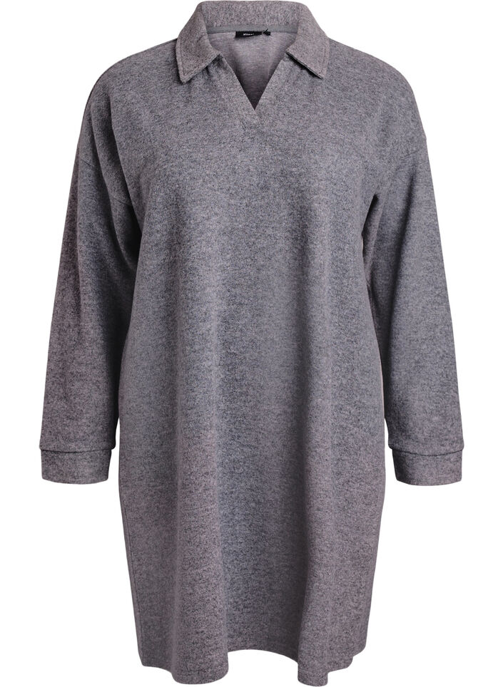 Knælang jerseykjole med V-hals og krave, Grå, Packshot image number 0