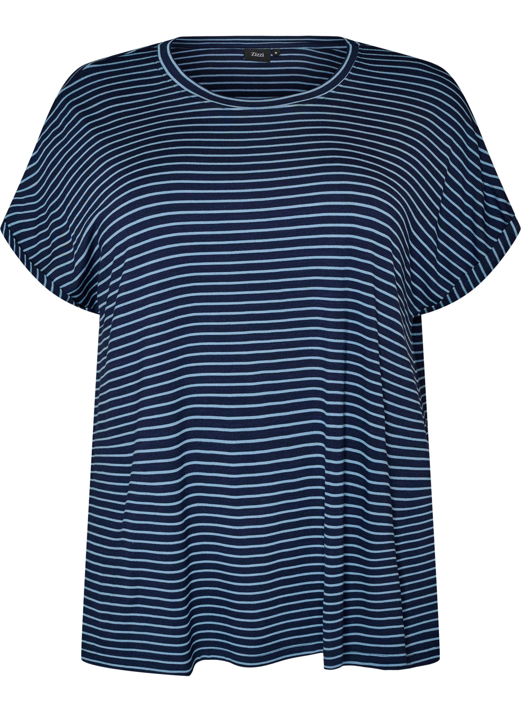 ZizziStribet T-shirt i viskose med rund hals, Bl&aring;, Packshot image number 0