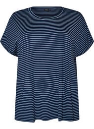 Stribet T-shirt i viskose med rund hals, Bl&aring;