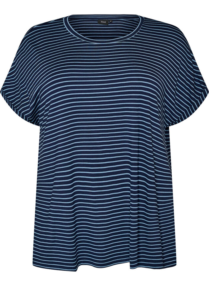 Stribet T-shirt i viskose med rund hals, Bl&aring;, Packshot image number 0