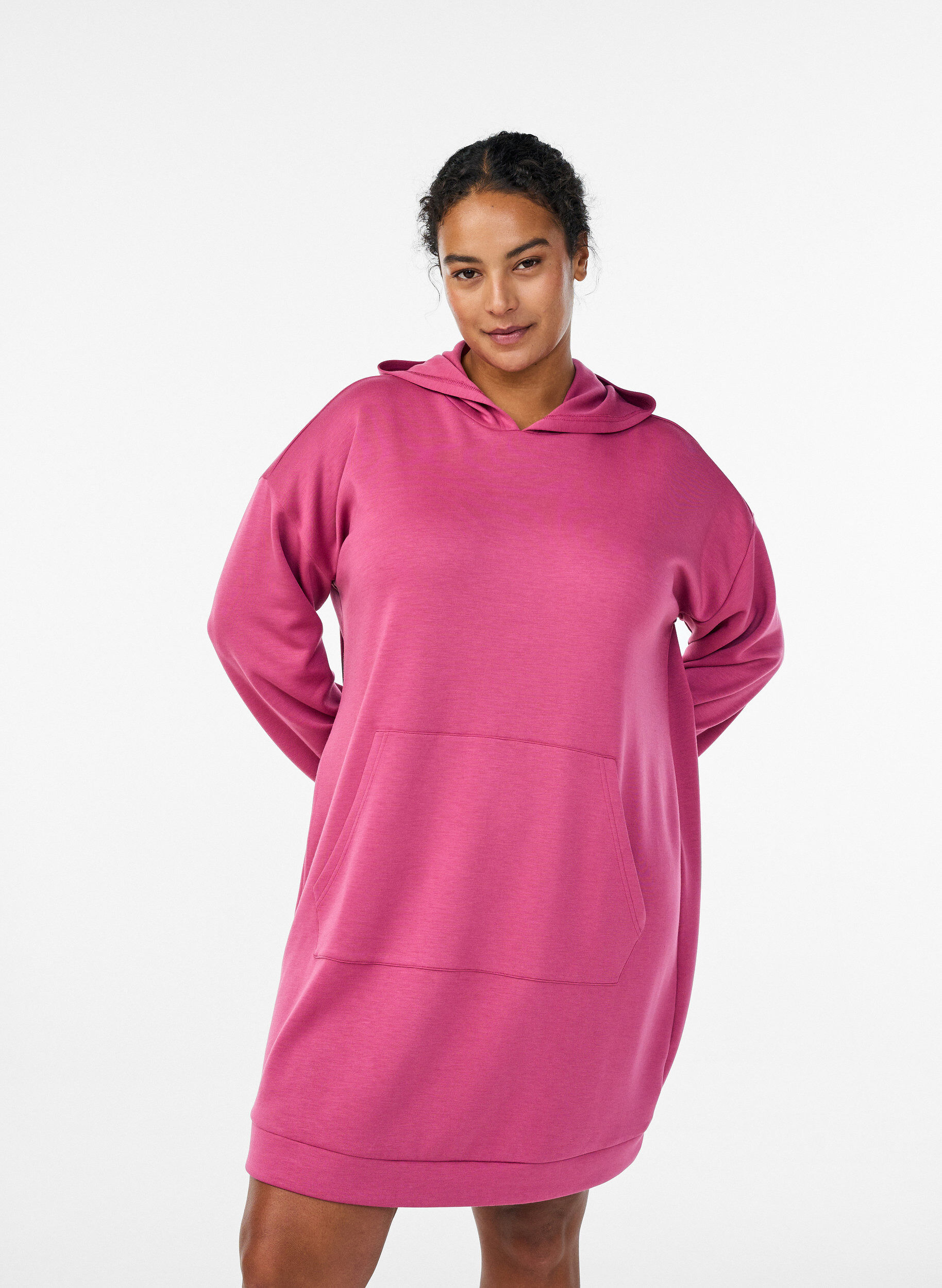 Zizzi Kort hoodiekjole med k&aelig;ngurulomme, Lyser&oslash;d, Model image number 0