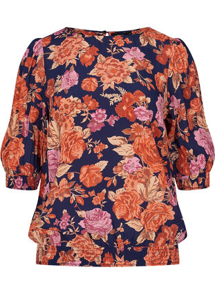 Blomstret bluse i viskose med smock, Vintage AOP, Packshot image number 0