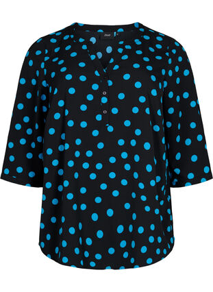 Prikket bluse med 3/4 ærmer , Black Blue Dot, Packshot image number 0