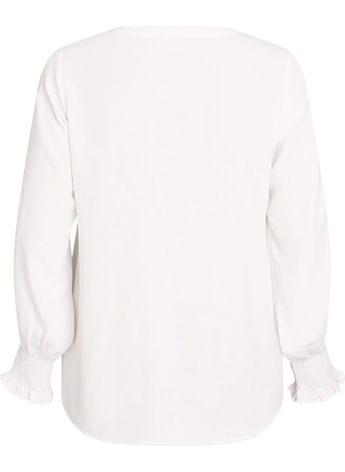 Bluse med smock manchetter og V-udsk&aelig;ring, Vanilla, Packshot image number 1