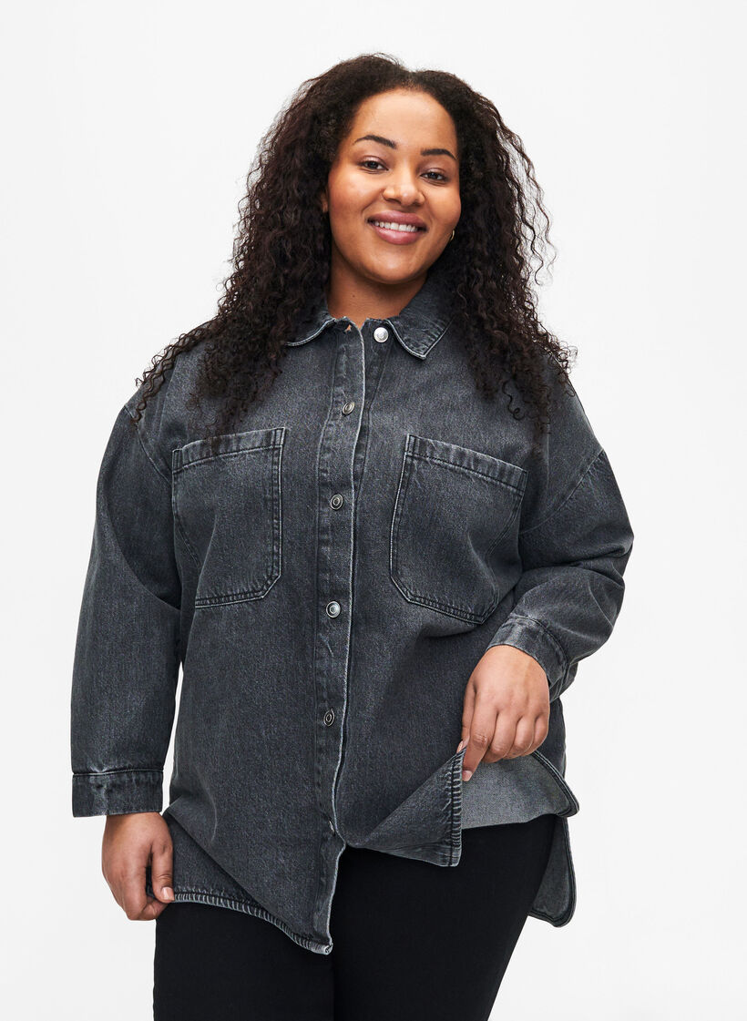 Løstsiddende denimjakke med knapper , Grey Denim, Model image number 0