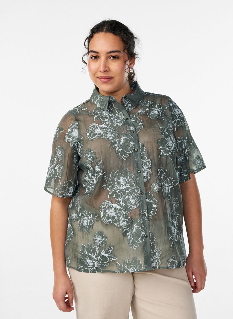 Transparent skjortebluse med blomstermotiver, Gr&oslash;n, Model image number 0