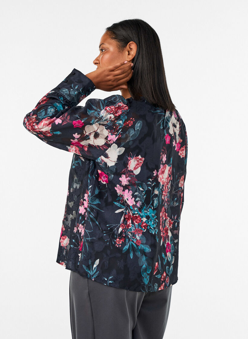 Blomstret bluse med v&aelig;vet struktur, Sort, Model image number 2