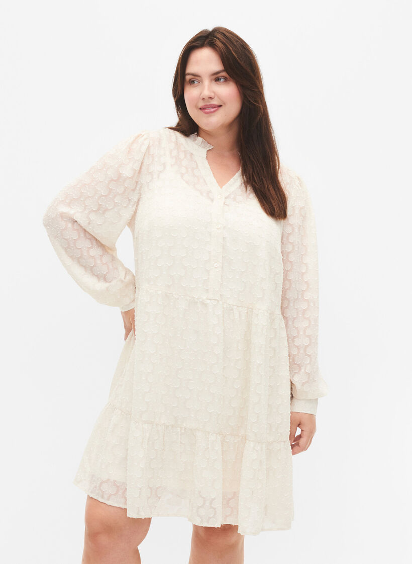 Jacquard kjole med flæsekrave, Birch, Model image number 0