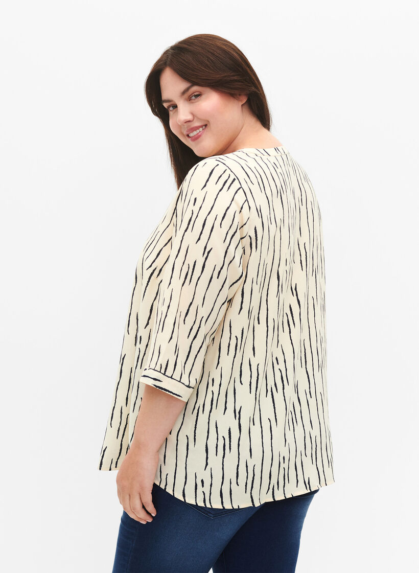 Bluse med 3/4 ærmer og print, Off White Stripe, Model image number 1