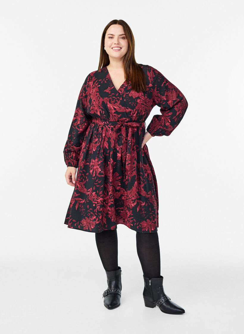 Knælang kjole med bindebælte og wrap-look, Sort, Model image number 1