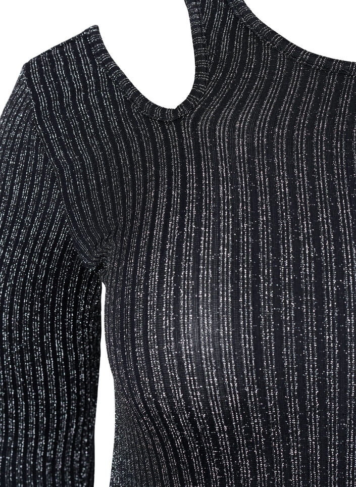 Langærmet cut-out bluse med glitter, B. w. Silver Stripes, Packshot image number 2