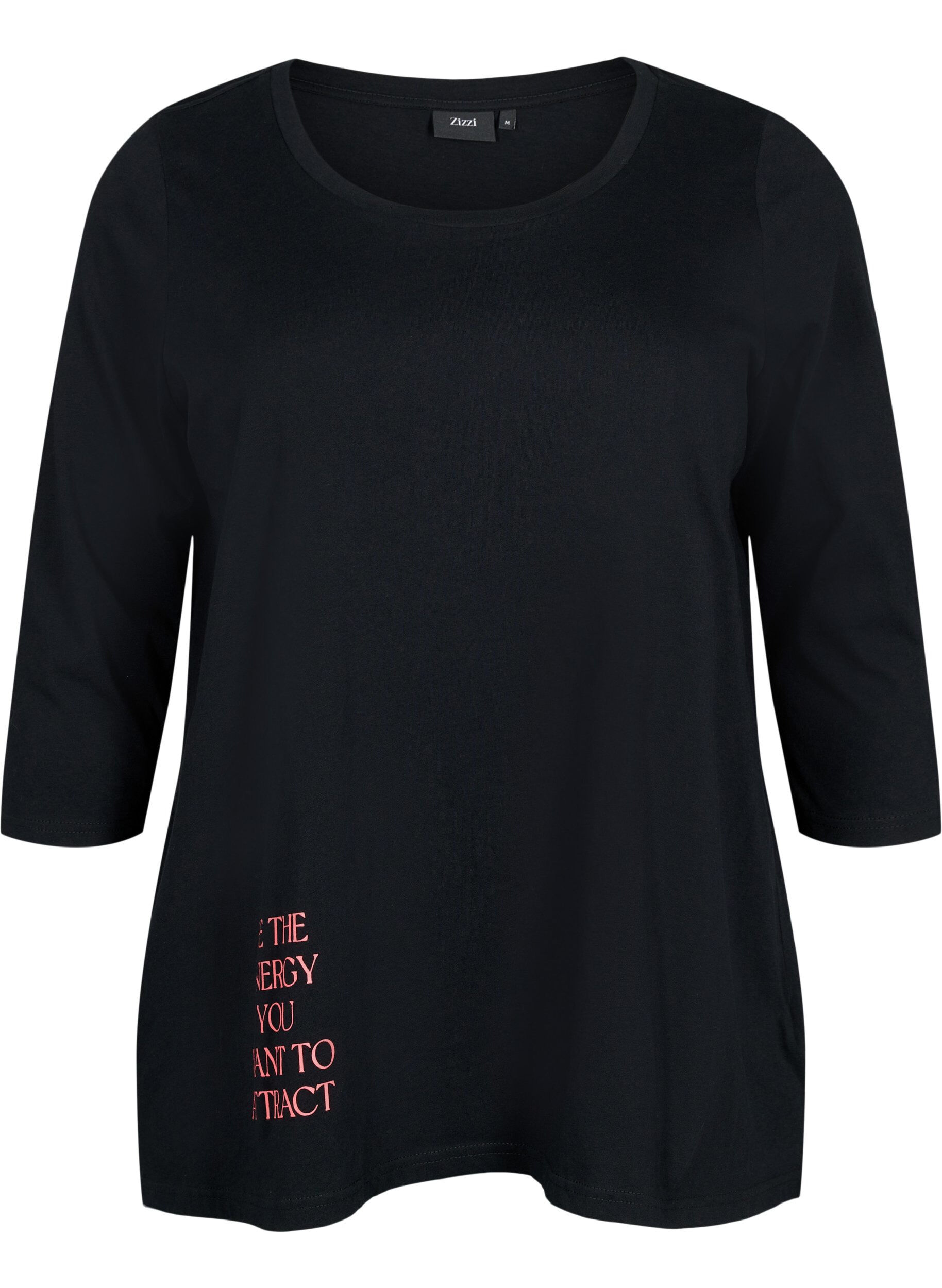 Zizzi Bomulds t-shirt med 3/4 &aelig;rmer, Black, Packshot image number 0