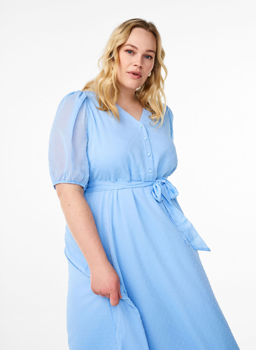 Midikjole med v-hals og bindeb&aring;nd, Bl&aring;, Model image number 2