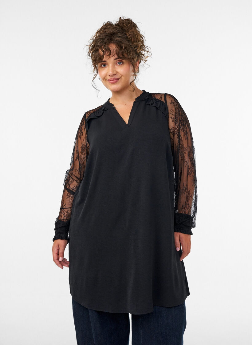 Tunika med transparente blonde&aelig;rmer, Sort, Model image number 0