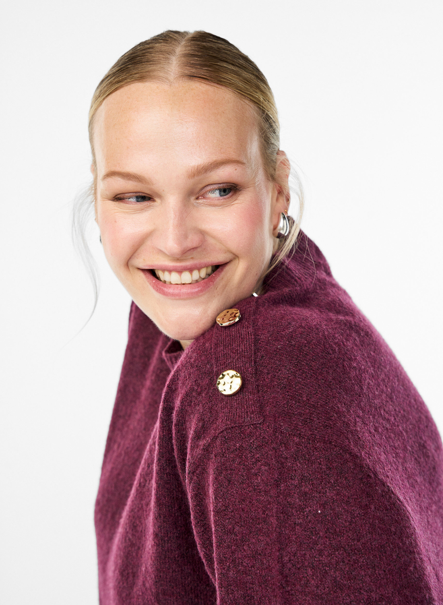 ZizziStrikbluse med knapdetalje, M&oslash;rk Bordeaux, Model image number 3