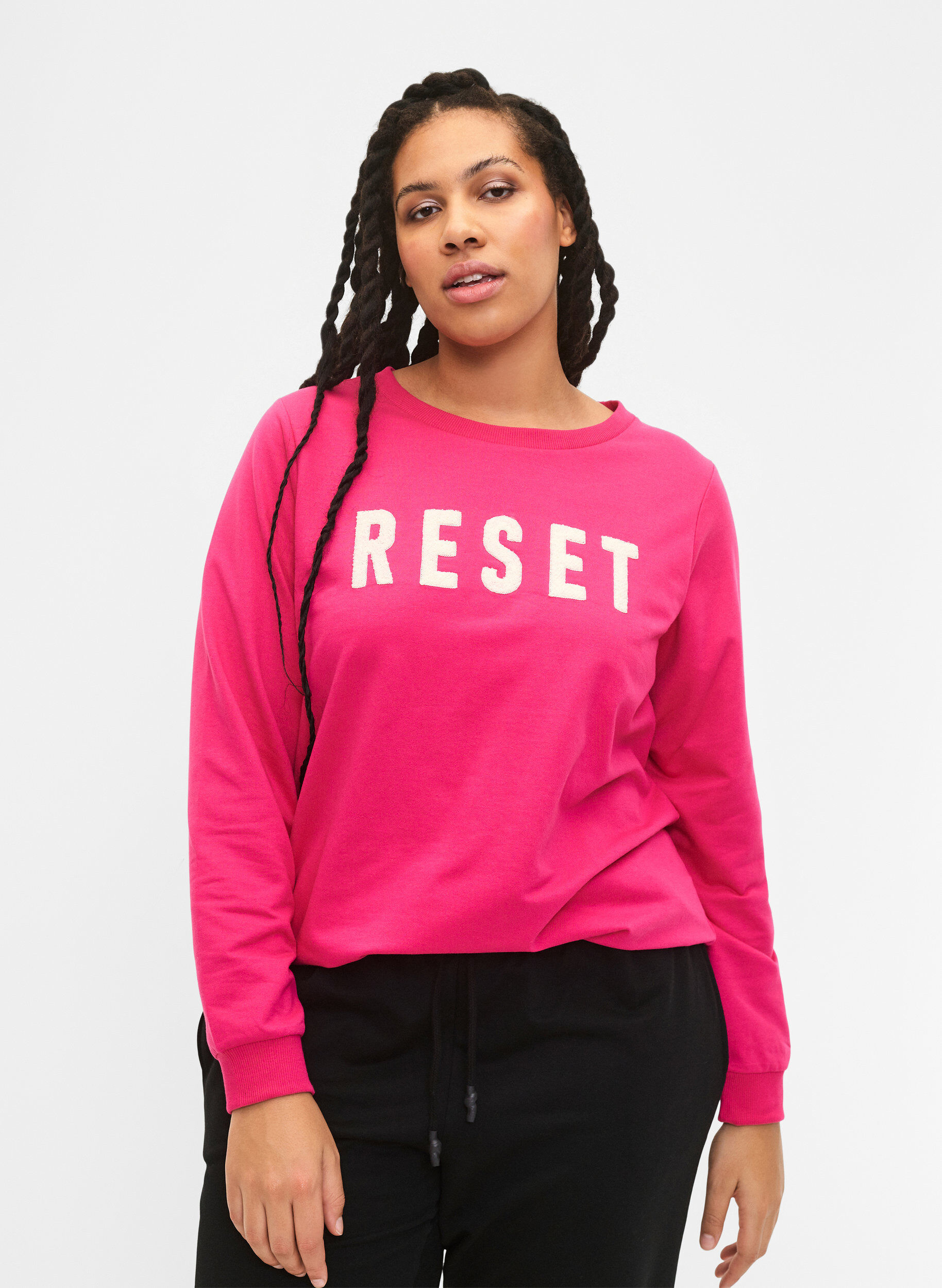 Zizzi Sweatshirt med tekst , Fuchsia P. W. Reset, Model image number 0