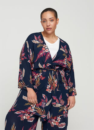 Blomstret viskose kimono med bindebånd, Indian Summer Flower, Model image number 0