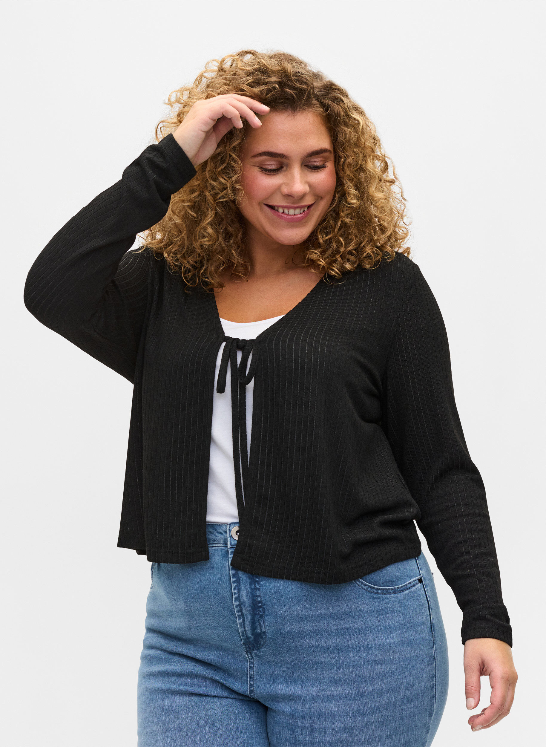 Zizzi Ribbet cardigan med bindesn&oslash;re, Black, Model image number 0