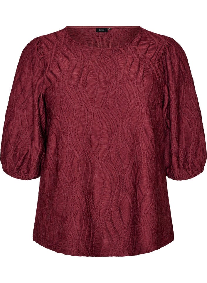 Bluse med tekstur og 3/4 &aelig;rmer, R&oslash;d, Packshot image number 0