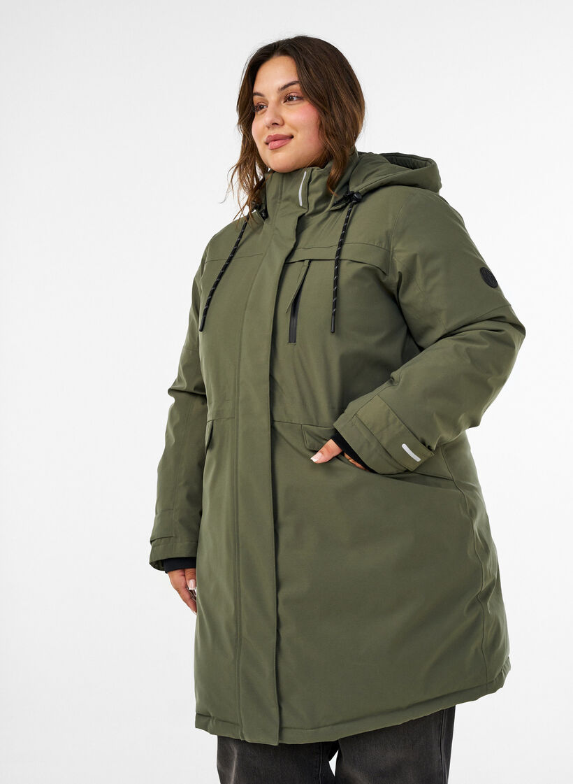 Vandafvisende parka med h&aelig;tte og funktionelle detaljer, Gr&oslash;n, Model image number 0